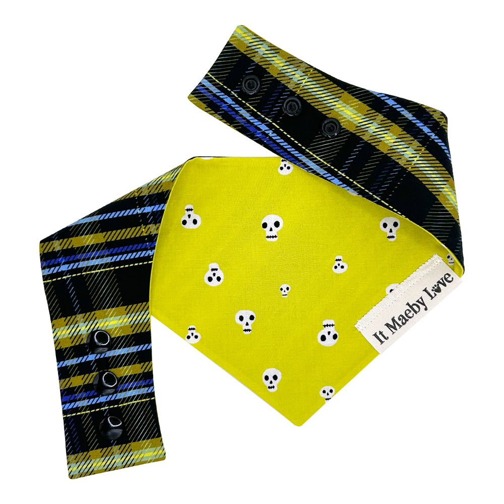 Acid Skulls/Phantom Plaid Patchwork Pattern Reversible Dog Bandana