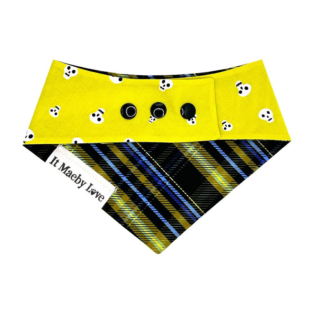Acid Skulls/Phantom Plaid Patchwork Pattern Reversible Dog Bandana