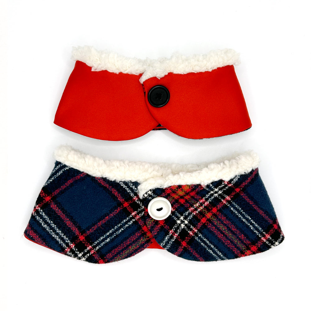 Blue Christmas Plaid/Red Cotton Dog Peter Pan Collar with Sherpa Trim
