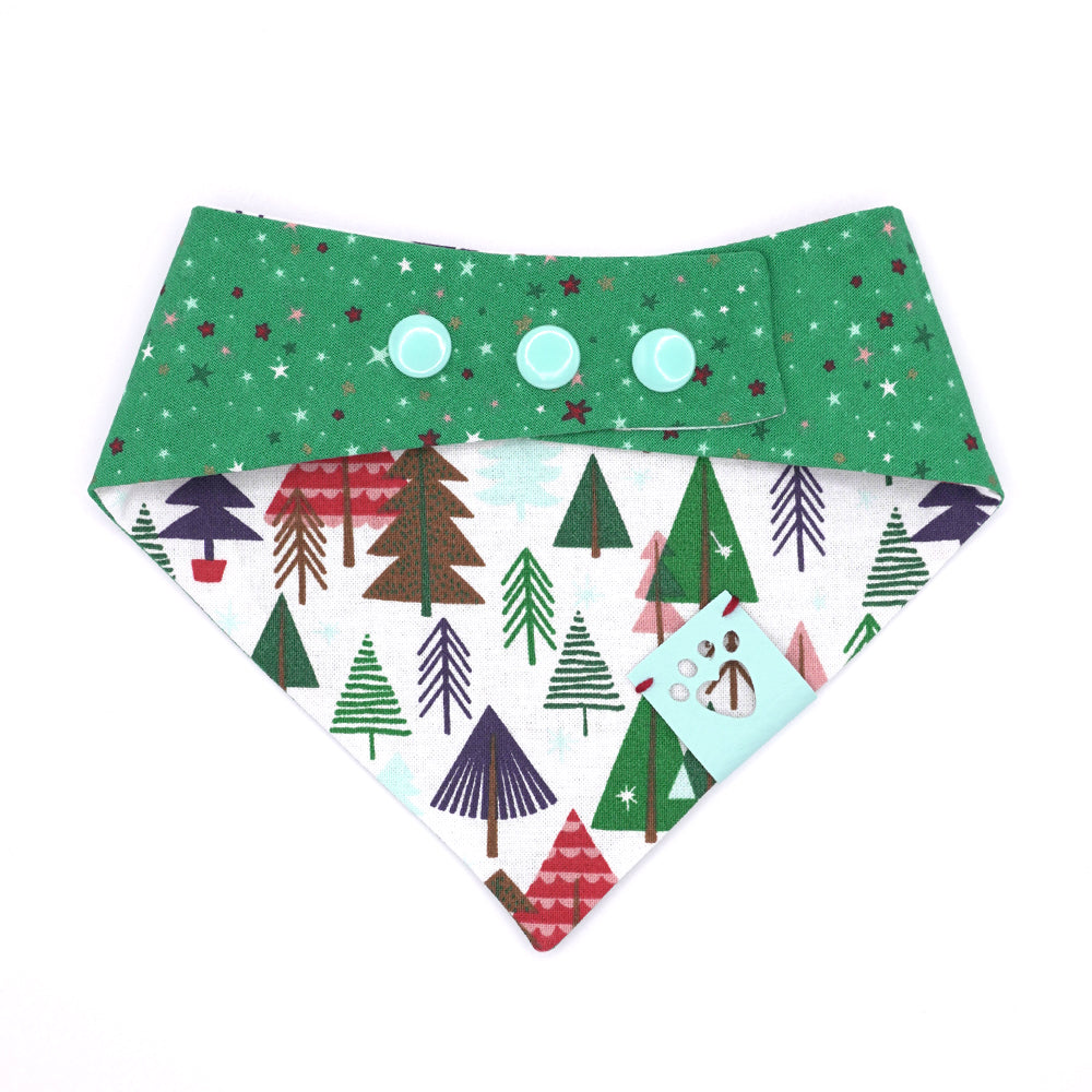 Reversible bandana for dogs. Snaps on back make it adjustable. One side is White background with illustrated trees in red, green, light blue, navy blue and brown and the other side has a Kelly green background with white, red, pink, light blue, dark green and navy blue stars. Light blue tag with heart paw cut out on side.