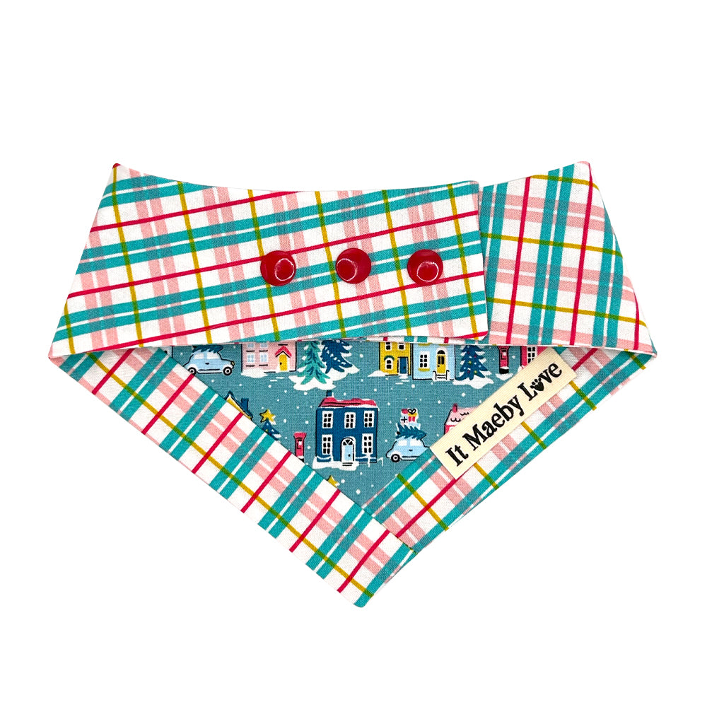 Holiday Village/Deck The Halls Check Patchwork Pattern Reversible Dog Bandana