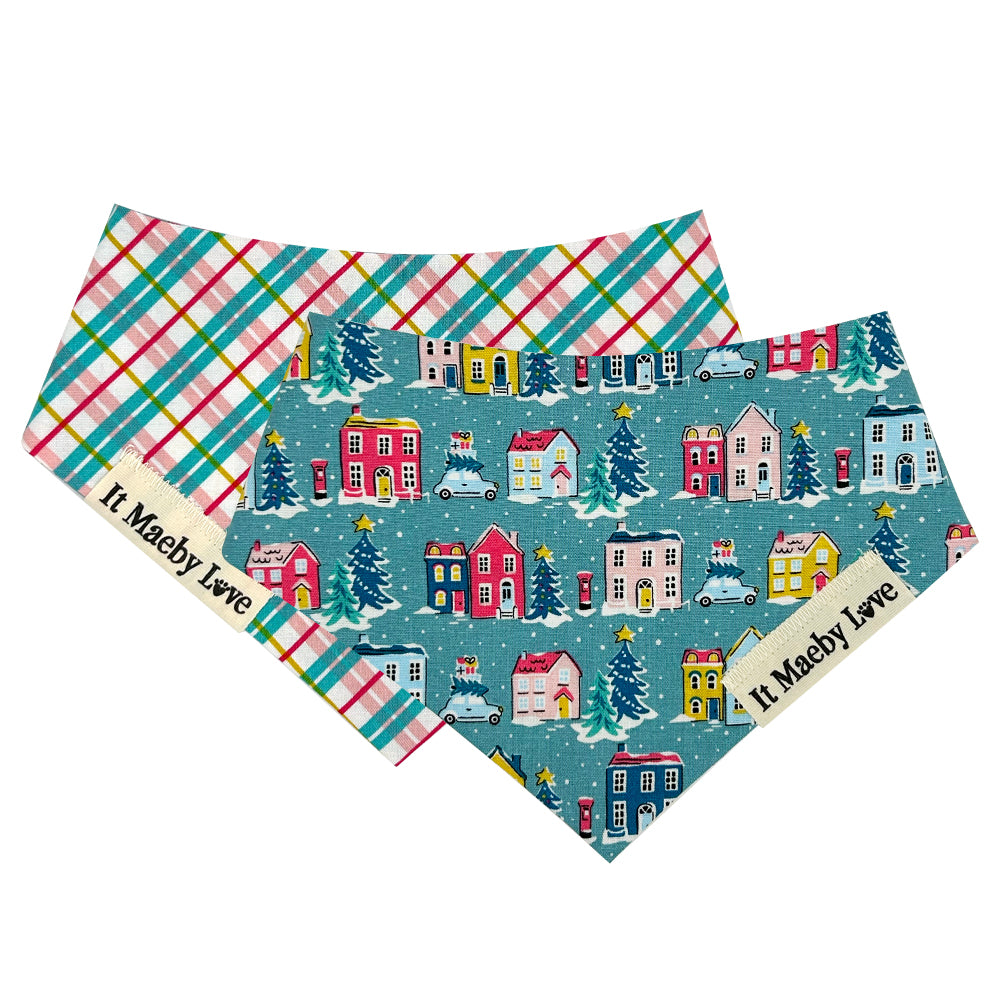 Holiday Village/Deck The Halls Check Reversible Dog Bandana