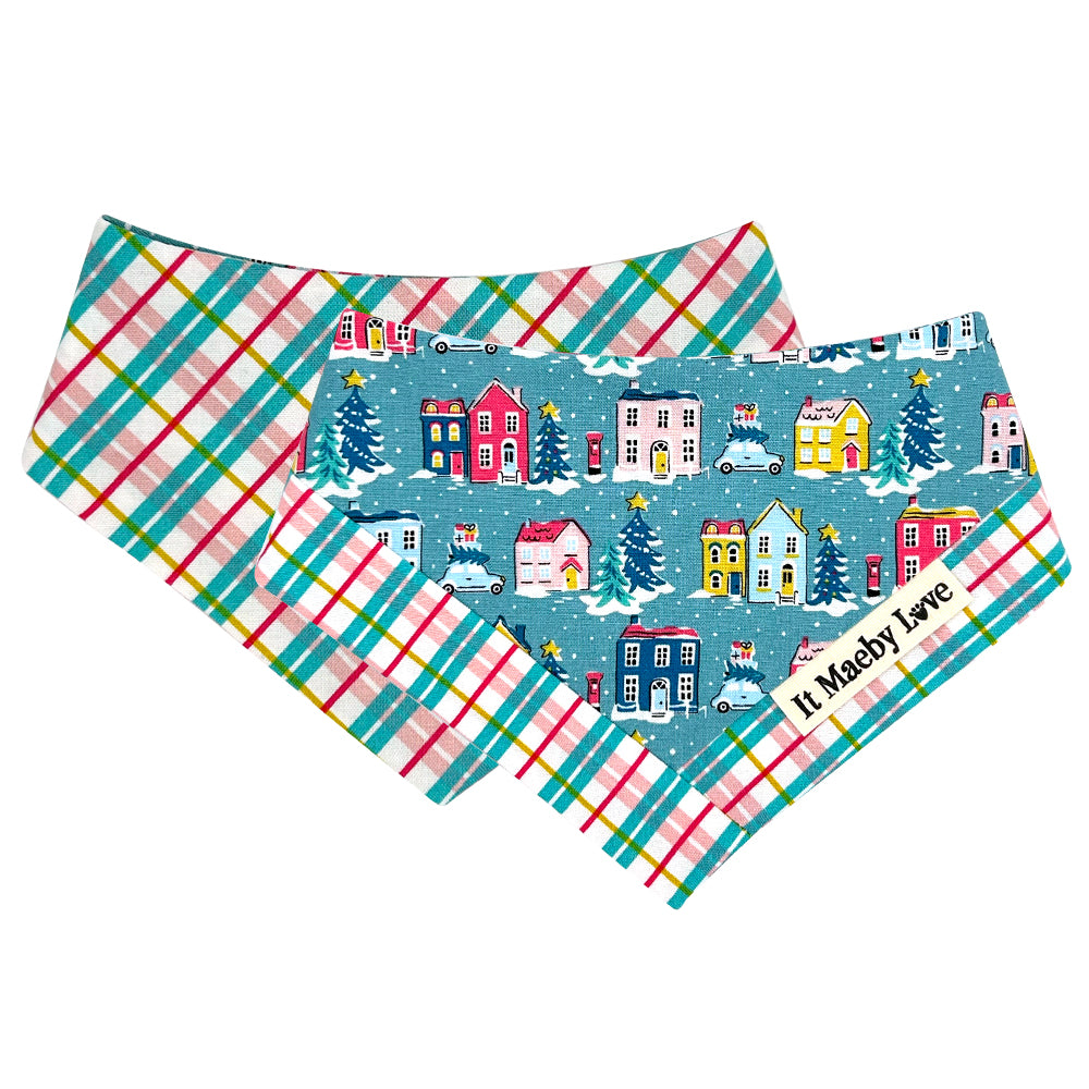Holiday Village/Deck The Halls Check Patchwork Pattern Reversible Dog Bandana