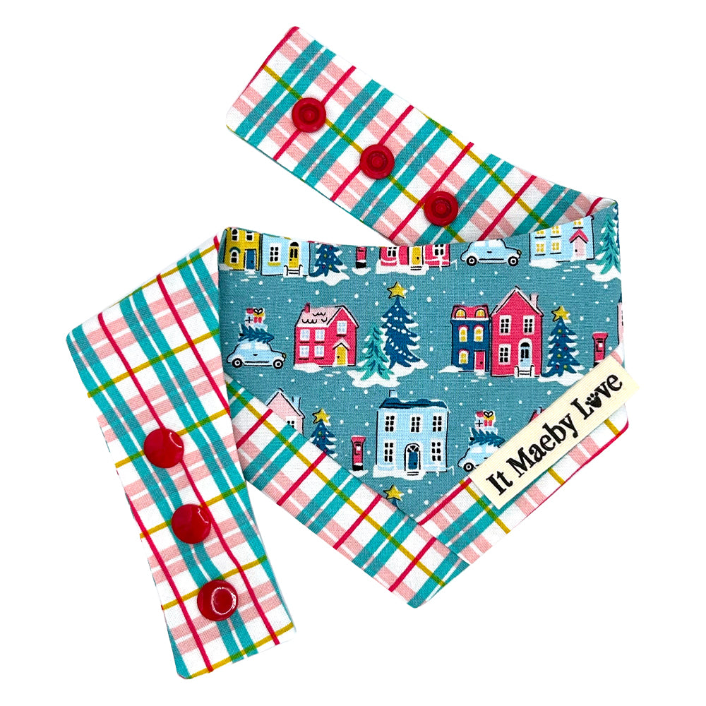 Holiday Village/Deck The Halls Check Patchwork Pattern Reversible Dog Bandana