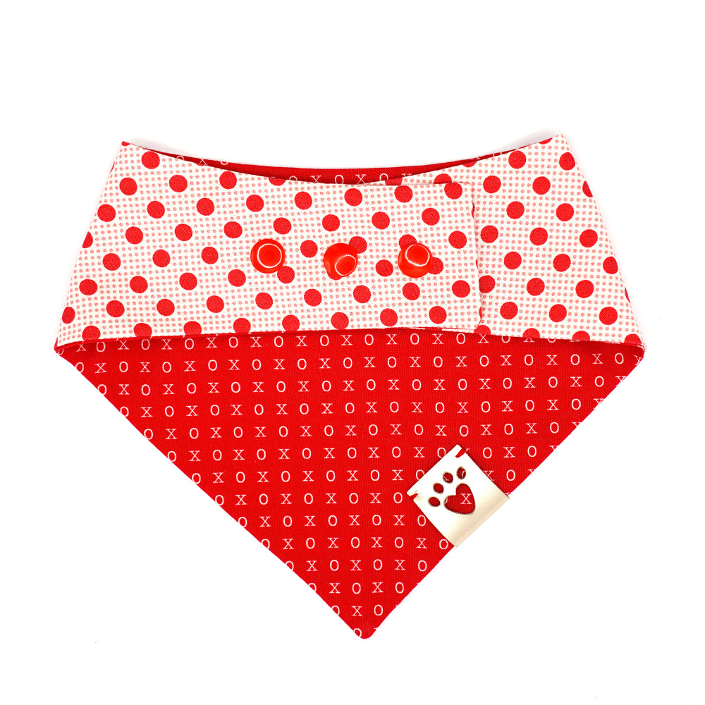 Reversible bandana for dogs. Snaps on back make it adjustable. One side is right red background with white Xs and Os and the other side has a White background with large and small red dots. Metallic Silver tag with heart paw cut out on side.