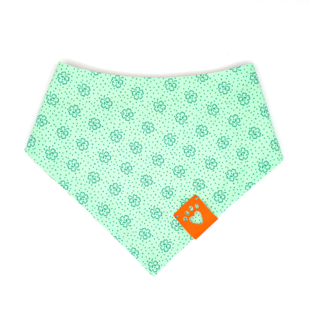 Reversible bandana for dogs. Snaps on back make it adjustable. One side is Light Green background with dark green four leaf clovers and the other side has a Beige background with white, orange and green cockatiel birds. Orange tag with heart paw cut out on side.