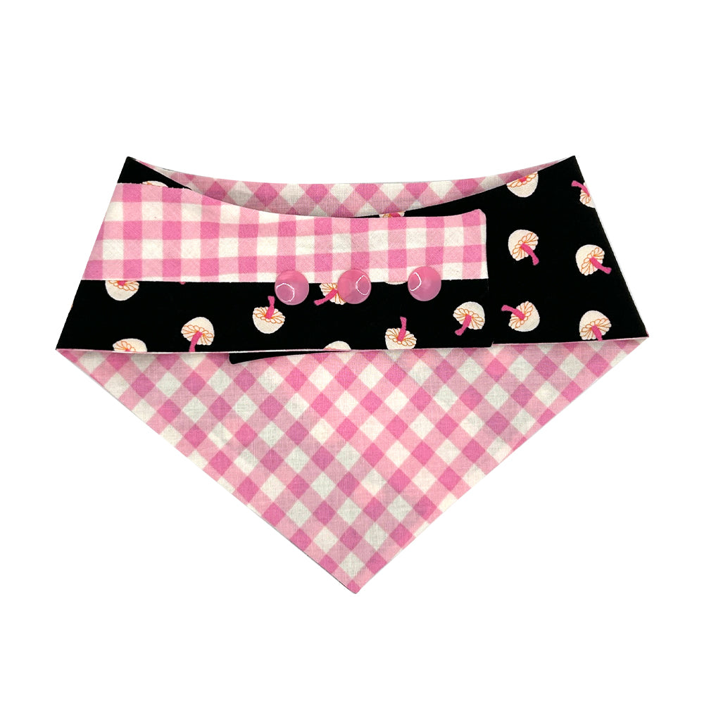 So Mushroom in My Heart/Pink and White Gingham Patchwork Pattern Reversible Dog Bandana