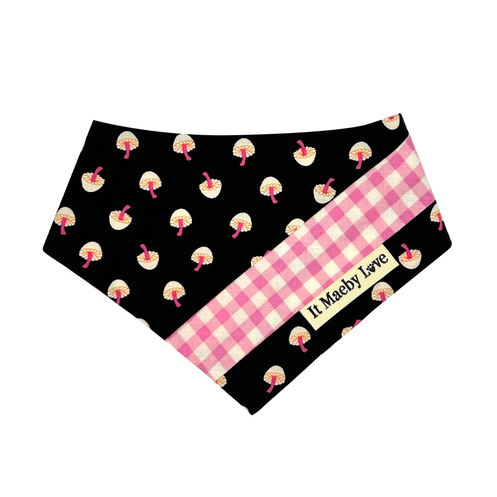 So Mushroom in My Heart/Pink and White Gingham Patchwork Pattern Reversible Dog Bandana