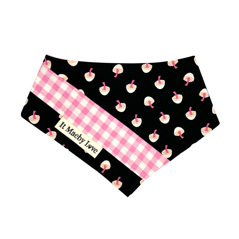 So Mushroom in My Heart/Pink and White Gingham Patchwork Pattern Reversible Dog Bandana