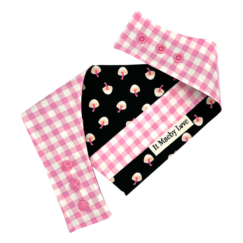 So Mushroom in My Heart/Pink and White Gingham Patchwork Pattern Reversible Dog Bandana