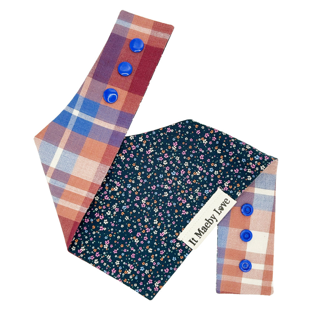 Navy Mini Floral/Blue, Burgundy & Cream Plaid Reversible Dog Bandana