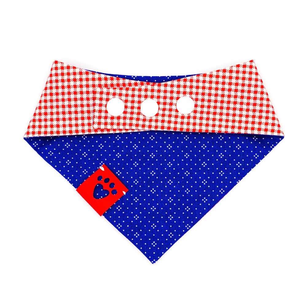 Reversible bandana for dogs. Snaps on back make it adjustable. One side is Medium blue background with a pattern of white dots and the other side has a Red and white gingham. Red tag with heart paw cut out on side.