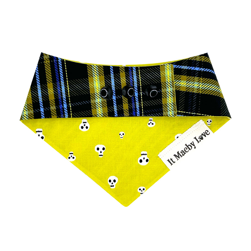 Acid Skulls/Phantom Plaid Patchwork Pattern Reversible Dog Bandana