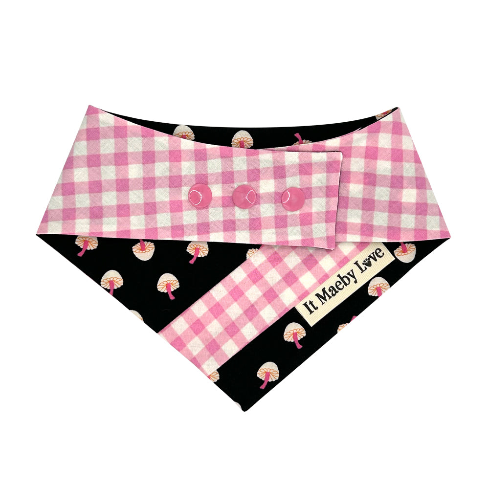 So Mushroom in My Heart/Pink and White Gingham Patchwork Pattern Reversible Dog Bandana