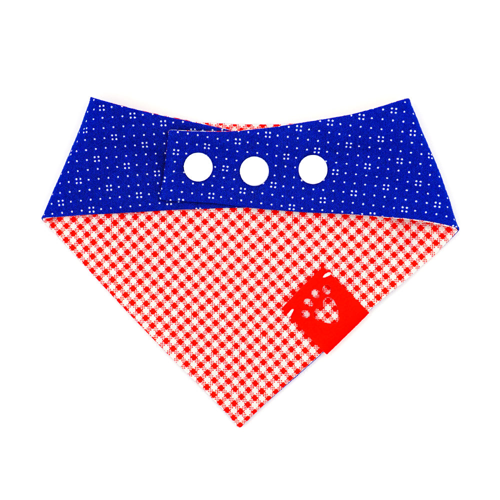 Reversible bandana for dogs. Snaps on back make it adjustable. One side is Medium blue background with a pattern of white dots and the other side has a Red and white gingham. Red tag with heart paw cut out on side.