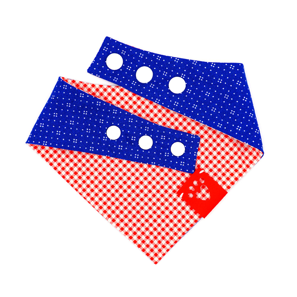 Reversible bandana for dogs. Snaps on back make it adjustable. One side is Medium blue background with a pattern of white dots and the other side has a Red and white gingham. Red tag with heart paw cut out on side.