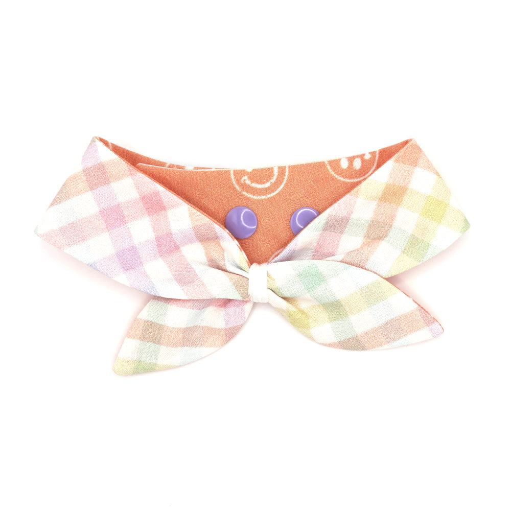 Reversible neckerchief for dogs. Snaps on back make it adjustable. One side has a White background with pastel rainbow plaid pattern and the other side has a Light orange background with White smiley fave illustrations. Embroidery thread wrapped center in white.