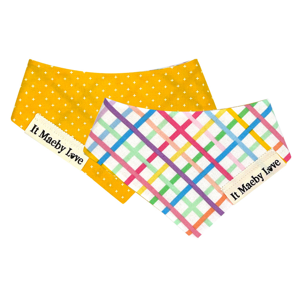 Add it Up Buttercup/Rainbow Candy Plaid Reversible Dog Bandana