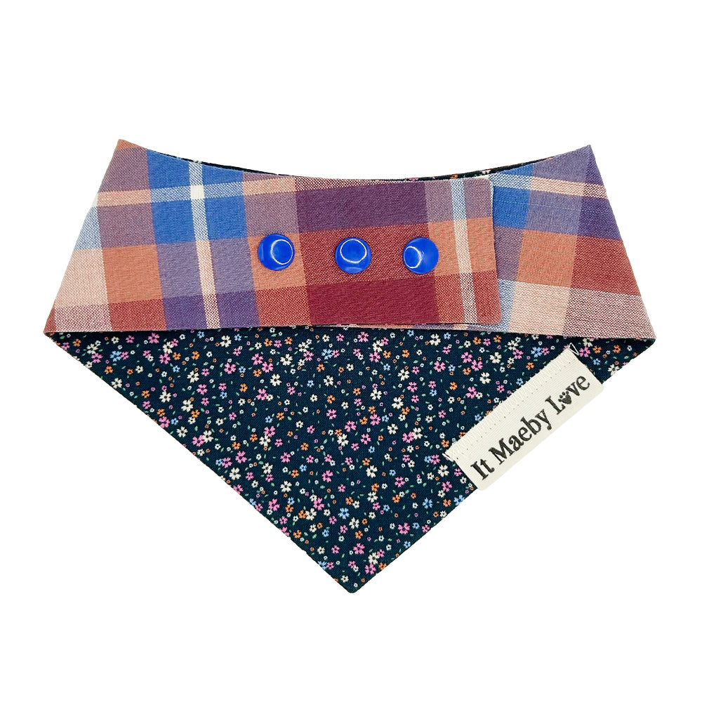 Navy Mini Floral/Blue, Burgundy & Cream Plaid Reversible Dog Bandana