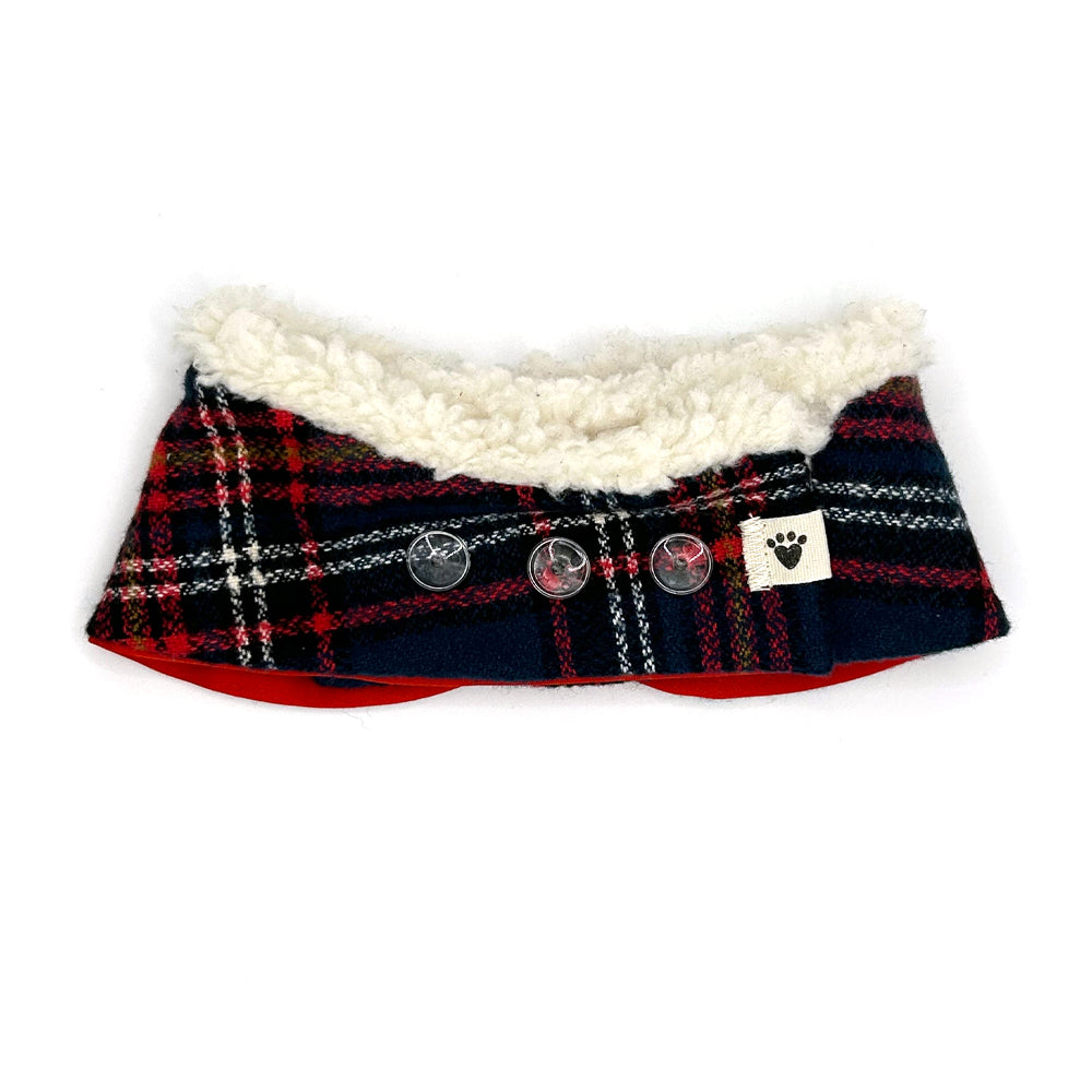 Blue Christmas Plaid/Red Cotton Dog Peter Pan Collar with Sherpa Trim