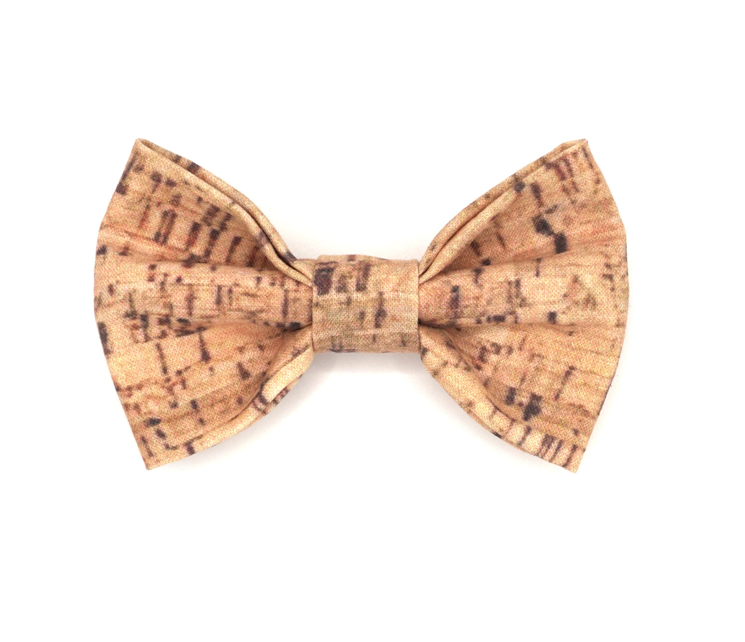 Handmade cotton bow tie for dogs (or other pets). Elastic straps on back with snaps make it easy to add to collar, harness, or leash. Tan/brown cork pattern.