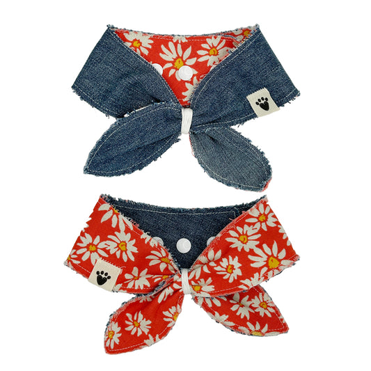 Recycled Denim/Fruit Punch Daisy Reversible Dog Neckerchief