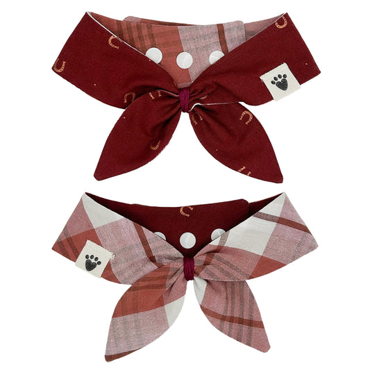 Lucky Horseshoes/Burgundy & Cream Plaid Reversible Dog Neckerchief