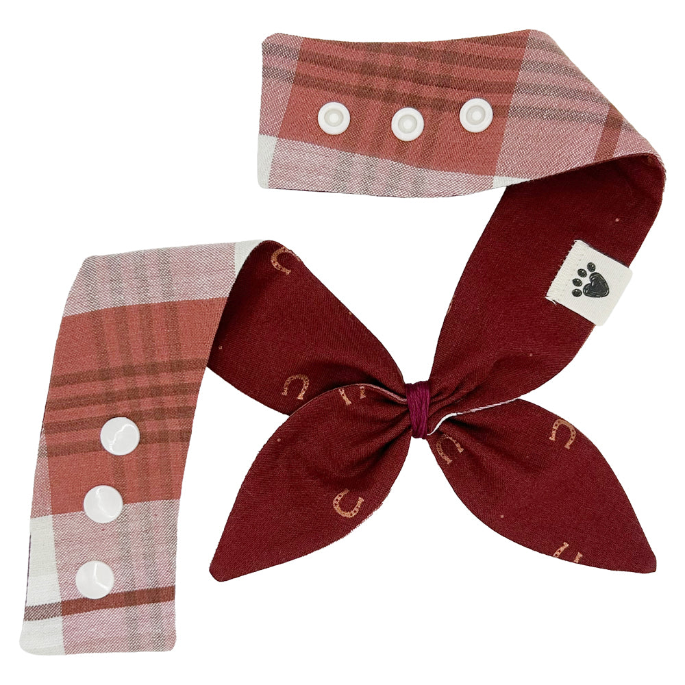 Lucky Horseshoes/Burgundy & Cream Plaid Reversible Dog Neckerchief
