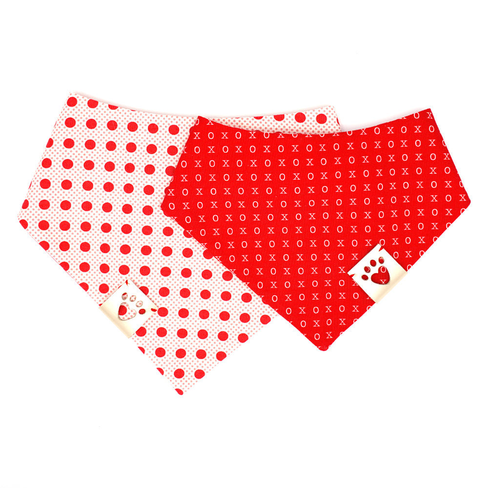 Reversible bandana for dogs. Snaps on back make it adjustable. One side is right red background with white Xs and Os and the other side has a White background with large and small red dots. Metallic Silver tag with heart paw cut out on side.