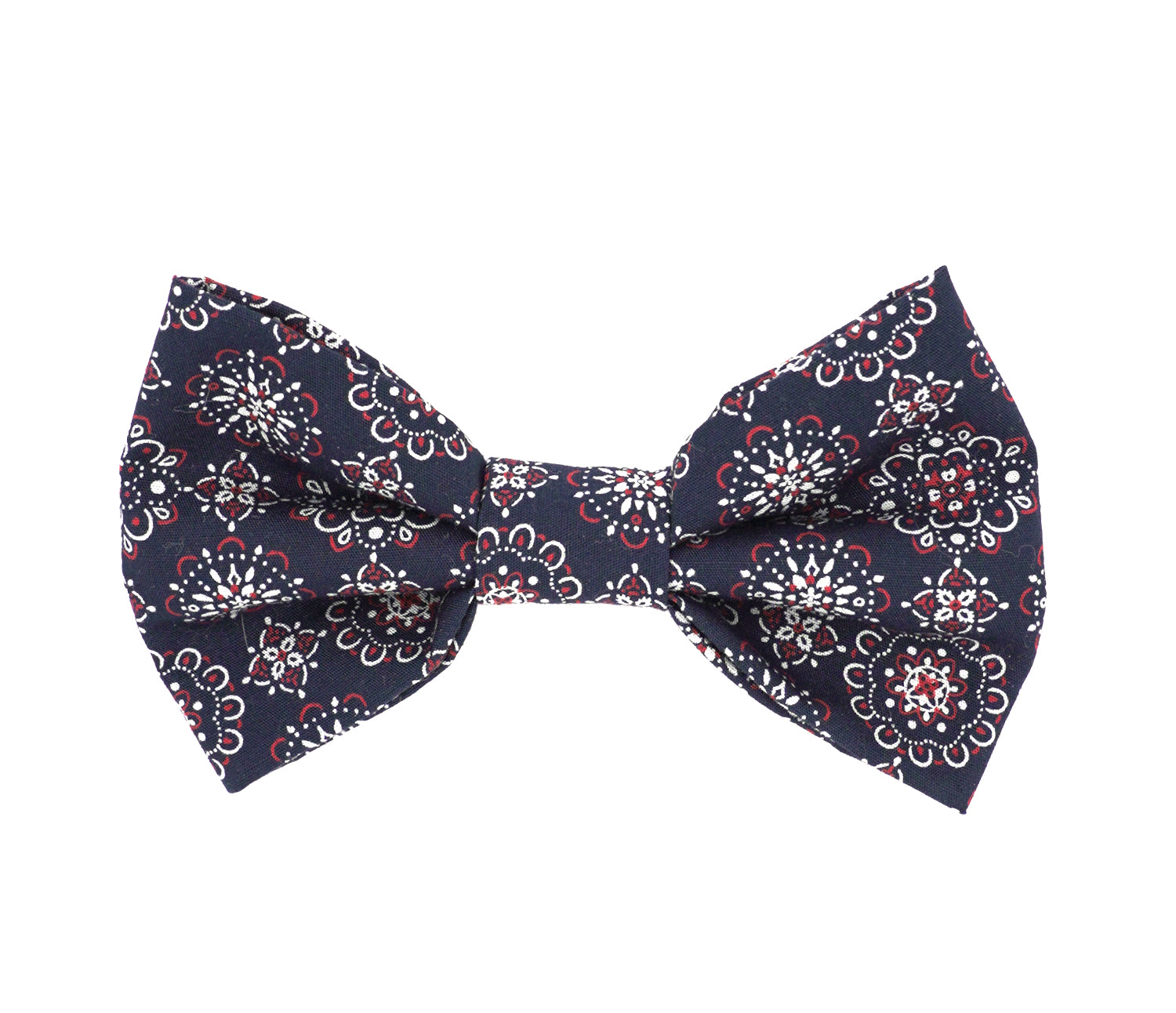 Handmade cotton bow tie for dogs (or other pets). Elastic straps on back with snaps make it easy to add to collar, harness, or leash. Navy blue background with red and white mandalas.