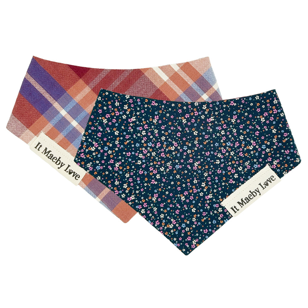 Navy Mini Floral/Blue, Burgundy & Cream Plaid Reversible Dog Bandana