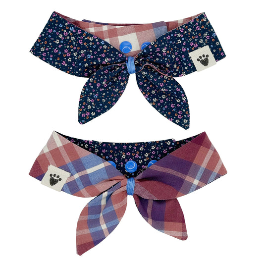 Navy Mini Floral/Blue, Burgundy & Cream Plaid Reversible Dog Neckerchief