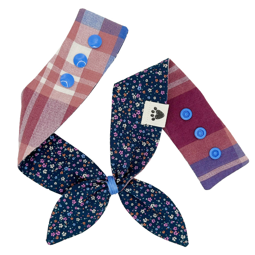 Navy Mini Floral/Blue, Burgundy & Cream Plaid Reversible Dog Neckerchief
