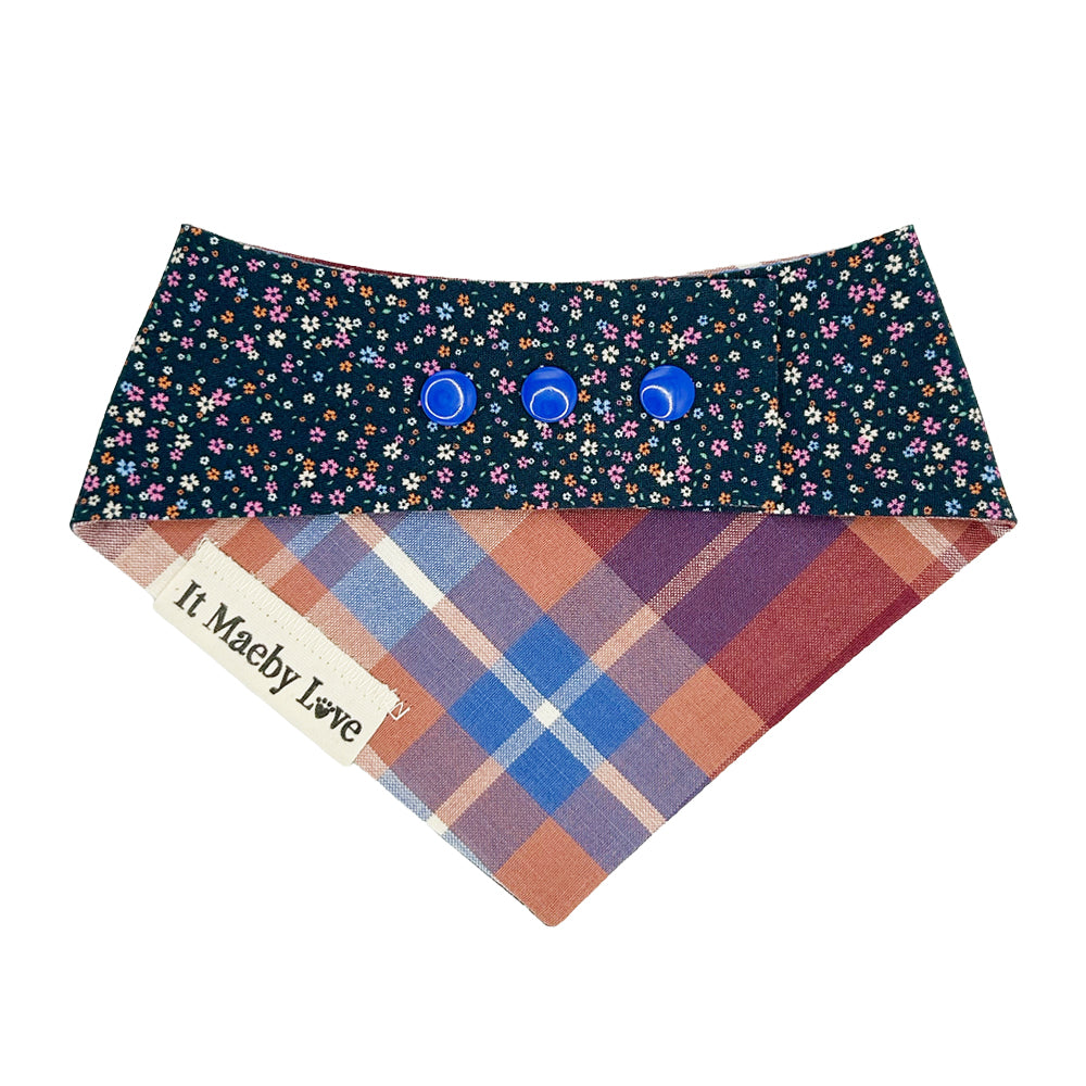 Navy Mini Floral/Blue, Burgundy & Cream Plaid Reversible Dog Bandana
