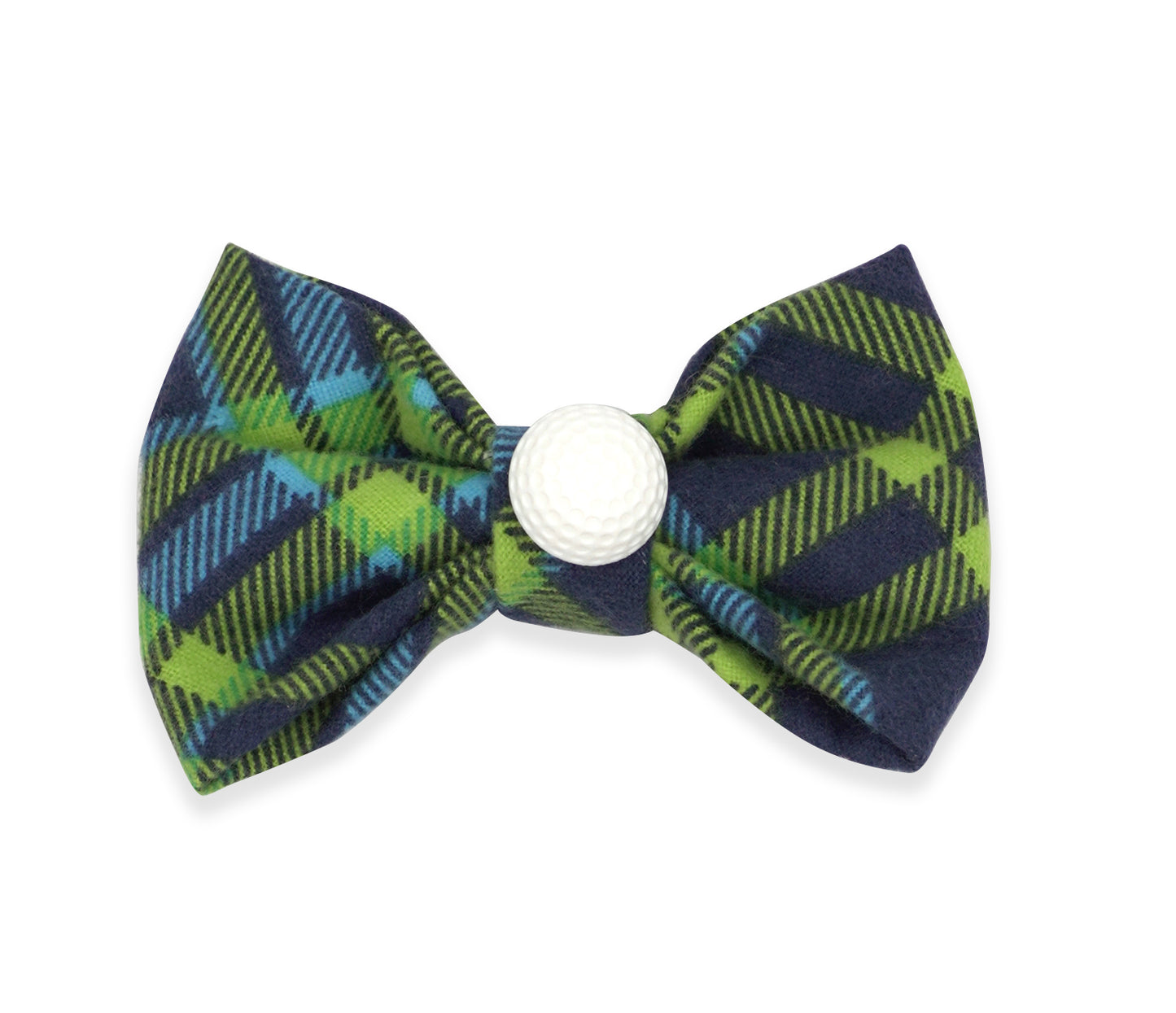 Handmade polyester bow tie for dogs (or other pets). Elastic straps on back with snaps make it easy to add to collar, harness, or leash. Bright blue, navy blue and bright green plaid with golf ball button in center of bow.