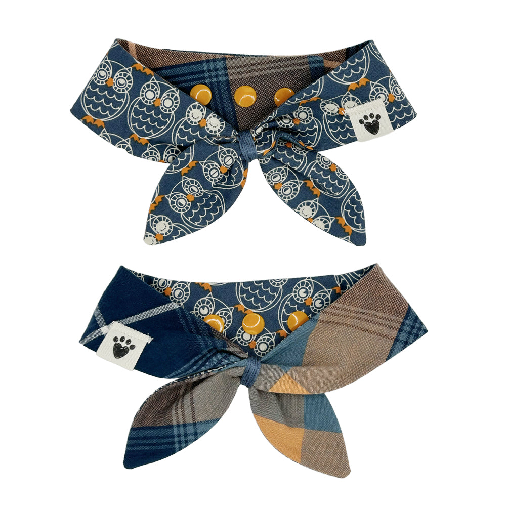 OWLaween/Steel Blue & Orange Plaid Reversible Dog Neckerchief