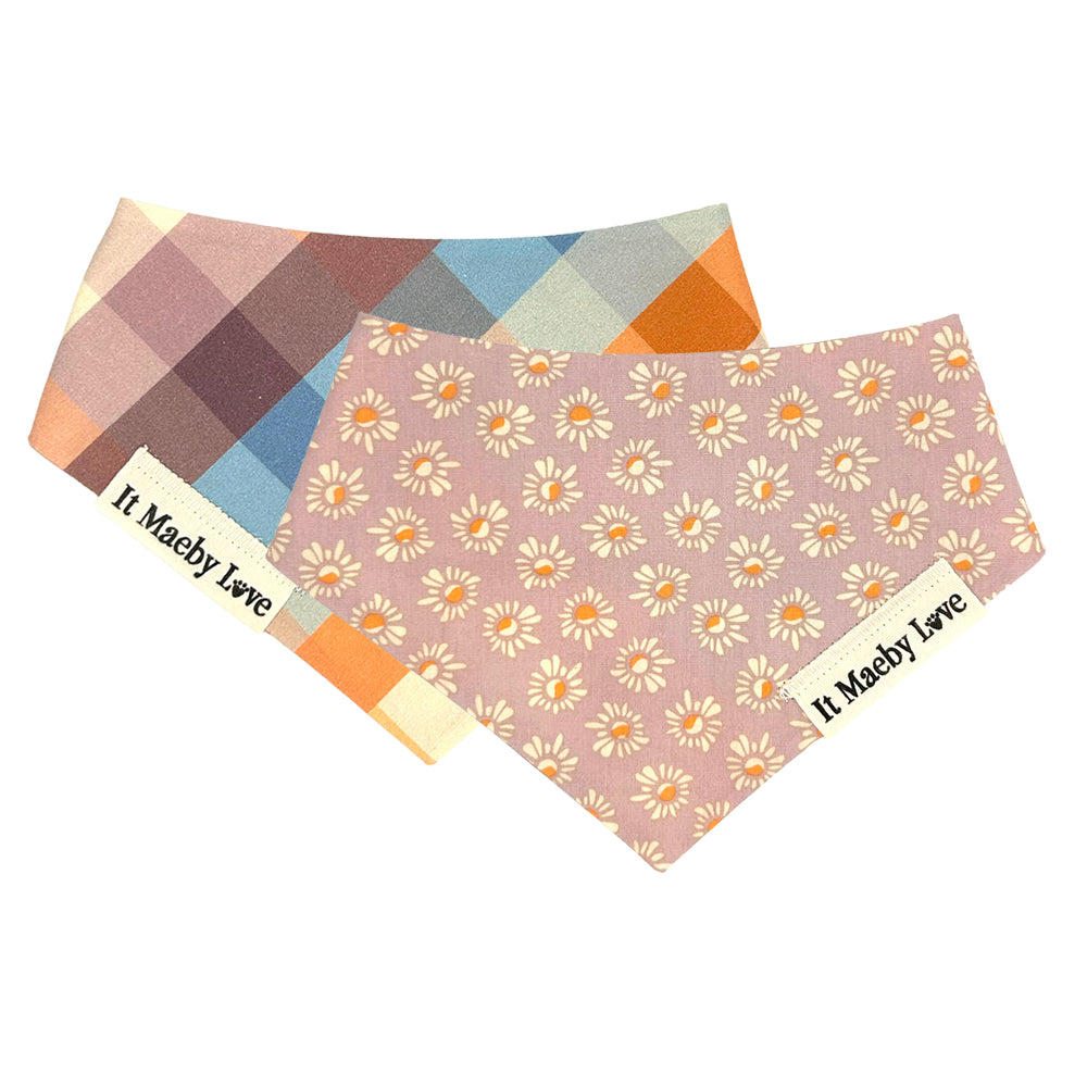 Peach & Thistle Floral/Peach, Blue, Thistle and Cream Plaid Reversible Dog Bandana