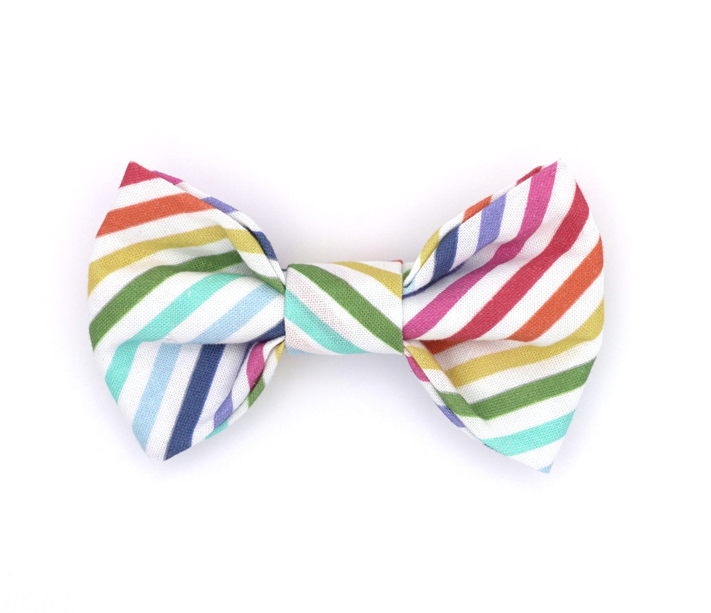 Handmade cotton bow tie for dogs (or other pets). Elastic straps on back with snaps make it easy to add to collar, harness, or leash. White background with rainbow stripes.