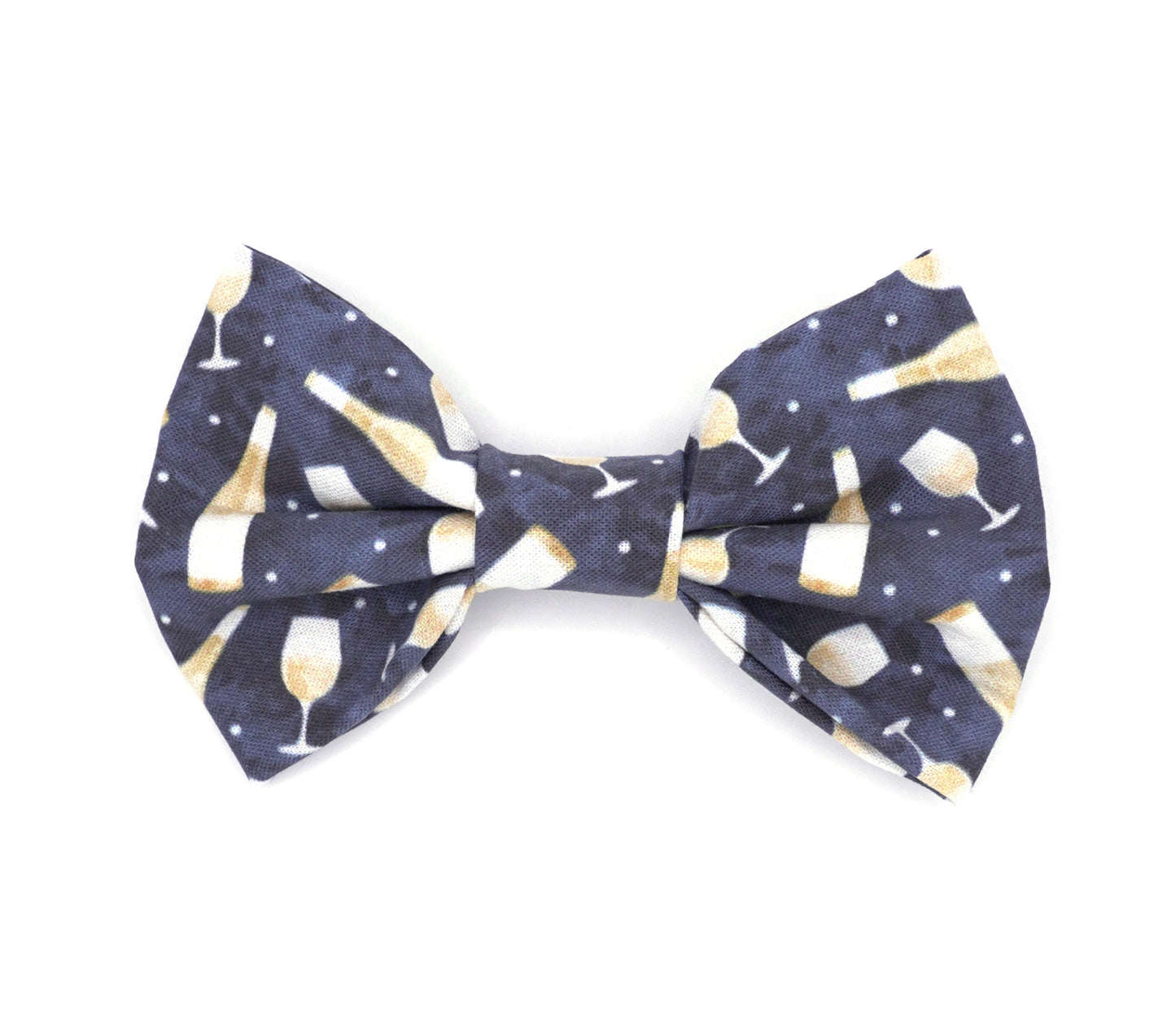 Handmade cotton bow tie for dogs (or other pets). Elastic straps on back with snaps make it easy to add to collar, harness, or leash. Navy blue background with white wine bottles and glasses.