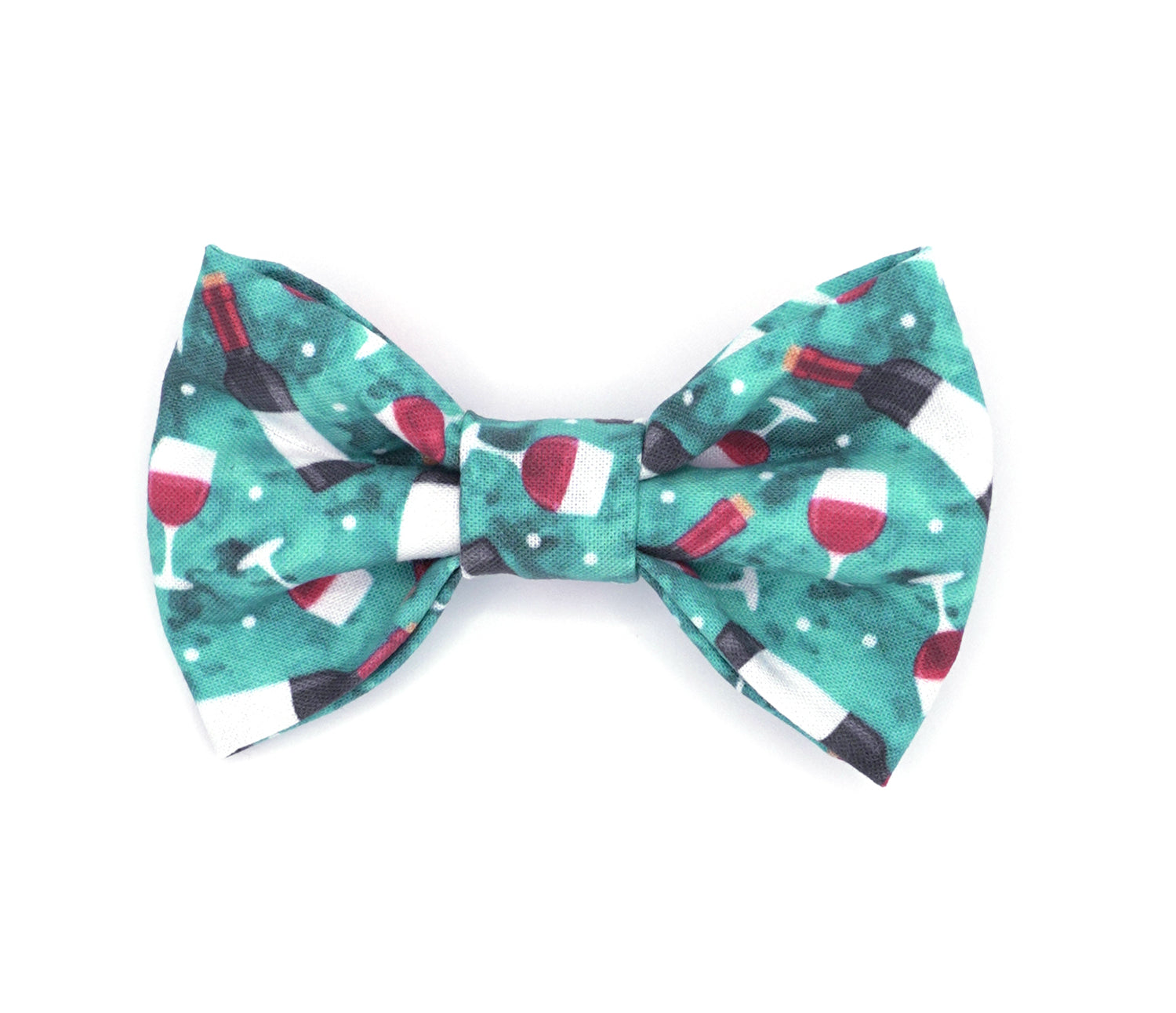 Handmade cotton bow tie for dogs (or other pets). Elastic straps on back with snaps make it easy to add to collar, harness, or leash. Turquoise background with red wine bottles and glasses.