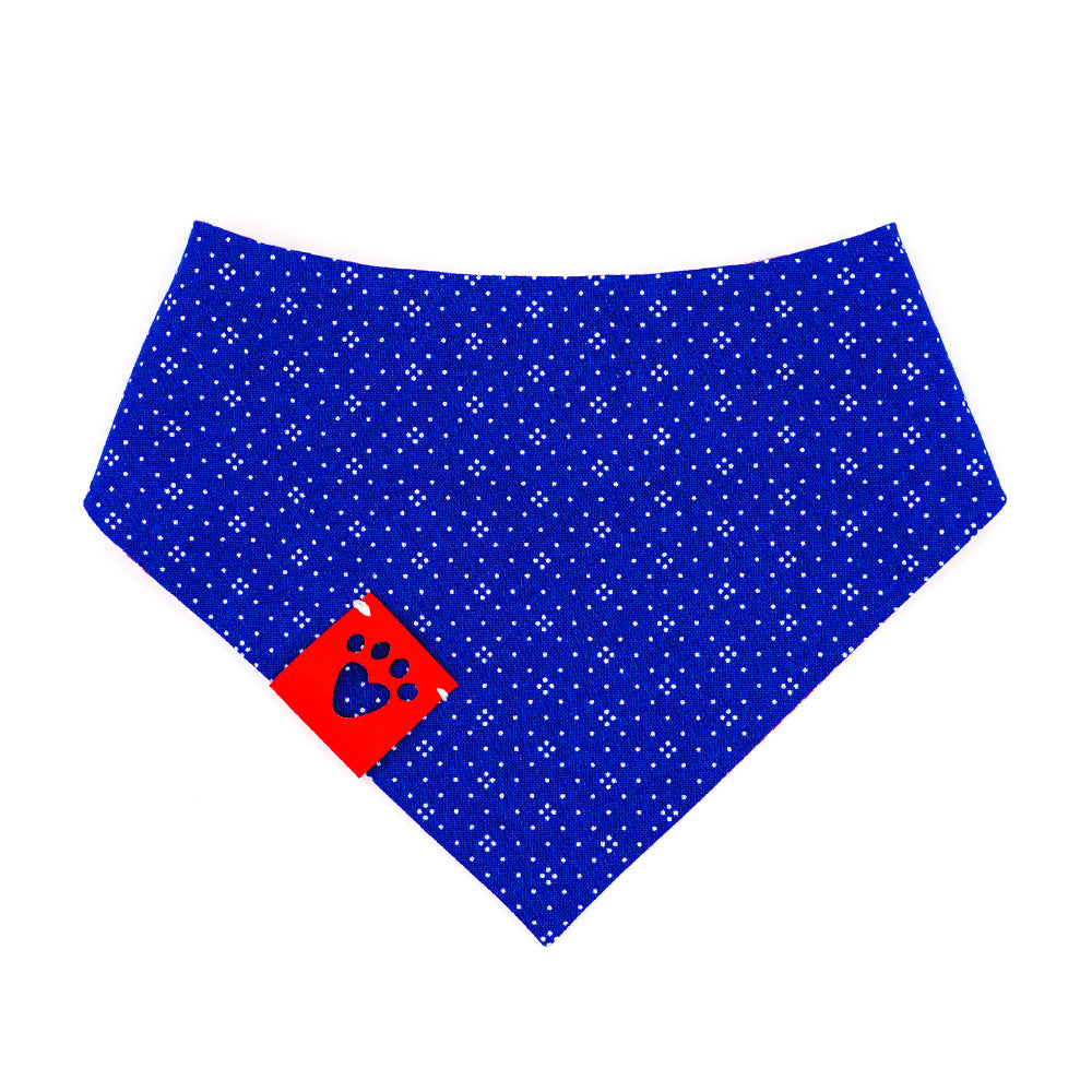Reversible bandana for dogs. Snaps on back make it adjustable. One side is Medium blue background with a pattern of white dots and the other side has a Red and white gingham. Red tag with heart paw cut out on side.