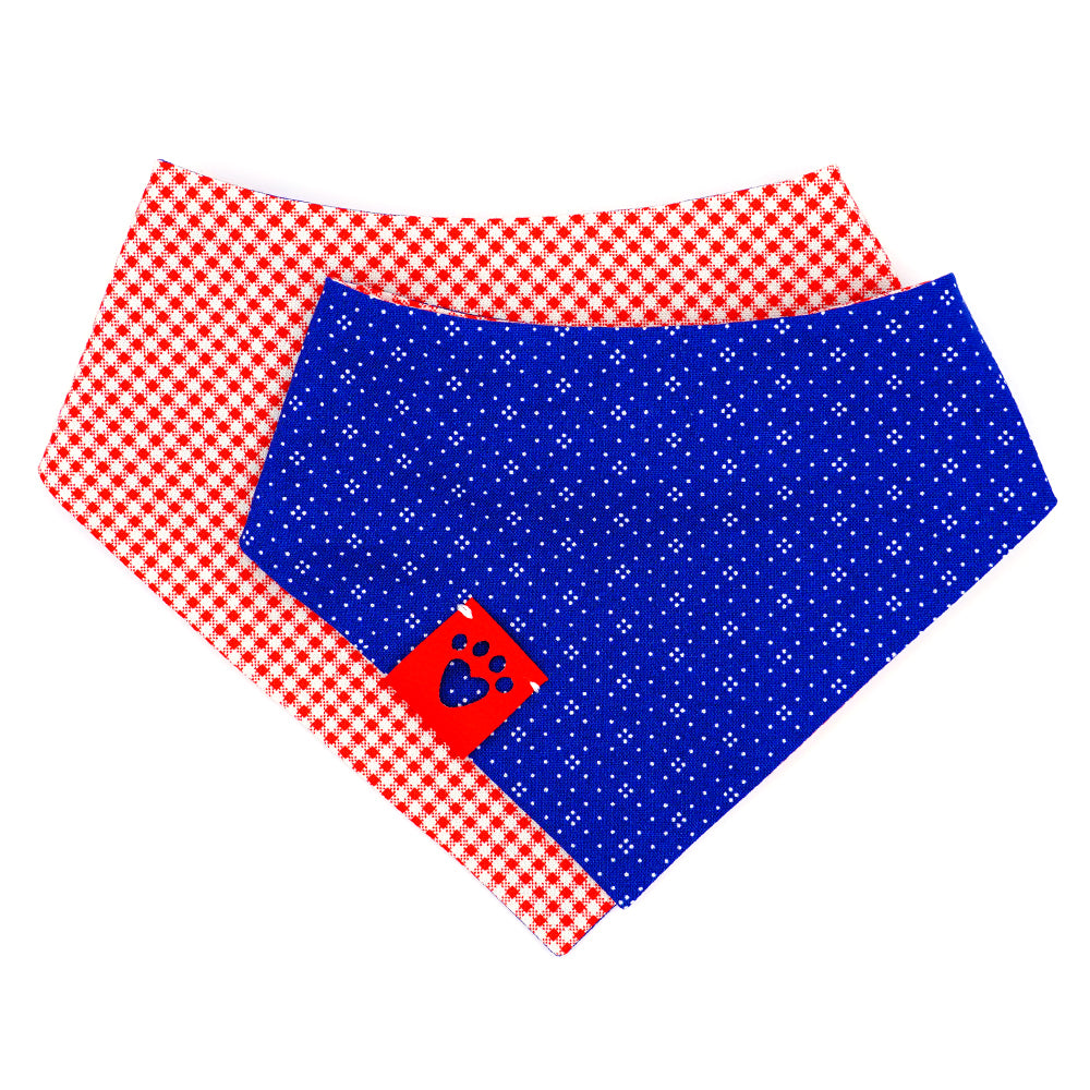 Reversible bandana for dogs. Snaps on back make it adjustable. One side is Medium blue background with a pattern of white dots and the other side has a Red and white gingham. Red tag with heart paw cut out on side.