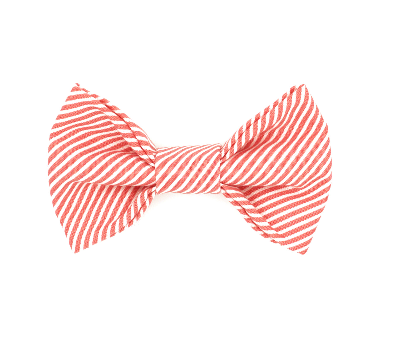 Handmade cotton bow tie for dogs (or other pets). Elastic straps on back with snaps make it easy to add to collar, harness, or leash. Coral and white stripes.