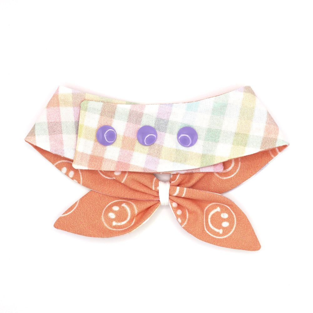 Reversible neckerchief for dogs. Snaps on back make it adjustable. One side has a White background with pastel rainbow plaid pattern and the other side has a Light orange background with White smiley fave illustrations. Embroidery thread wrapped center in white.