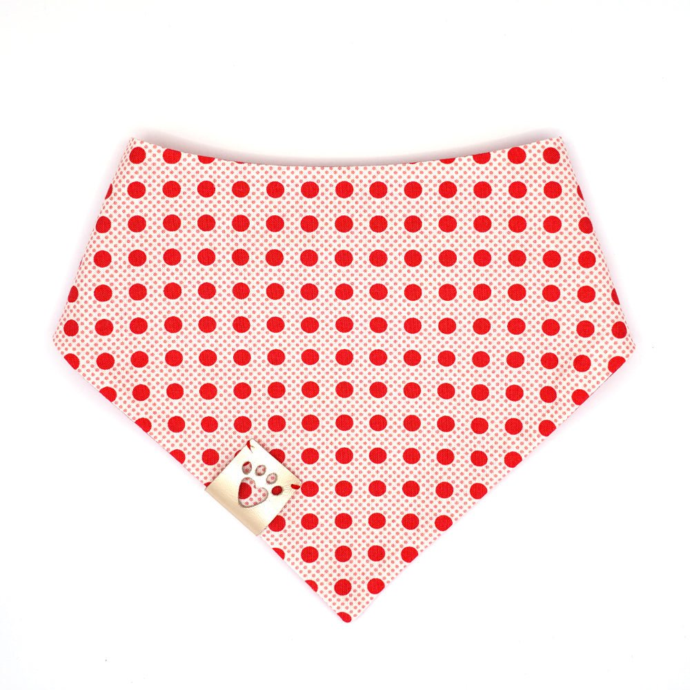 Reversible bandana for dogs. Snaps on back make it adjustable. One side is right red background with white Xs and Os and the other side has a White background with large and small red dots. Metallic Silver tag with heart paw cut out on side.