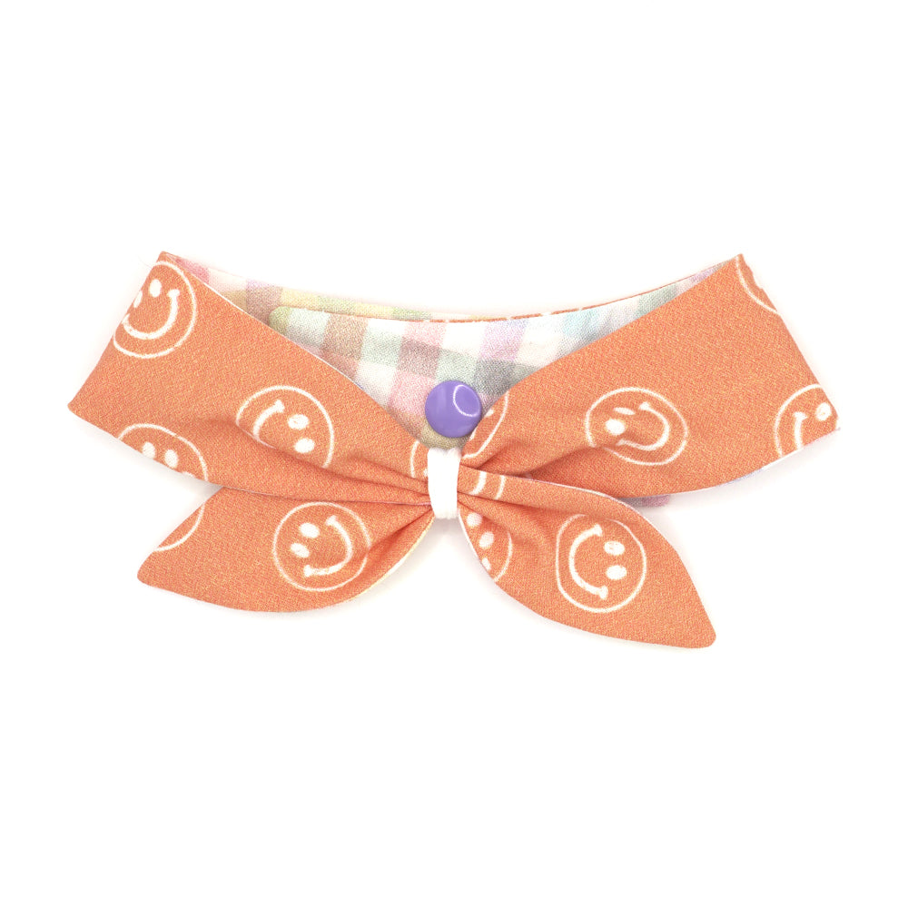 Reversible neckerchief for dogs. Snaps on back make it adjustable. One side has a White background with pastel rainbow plaid pattern and the other side has a Light orange background with White smiley fave illustrations. Embroidery thread wrapped center in white.
