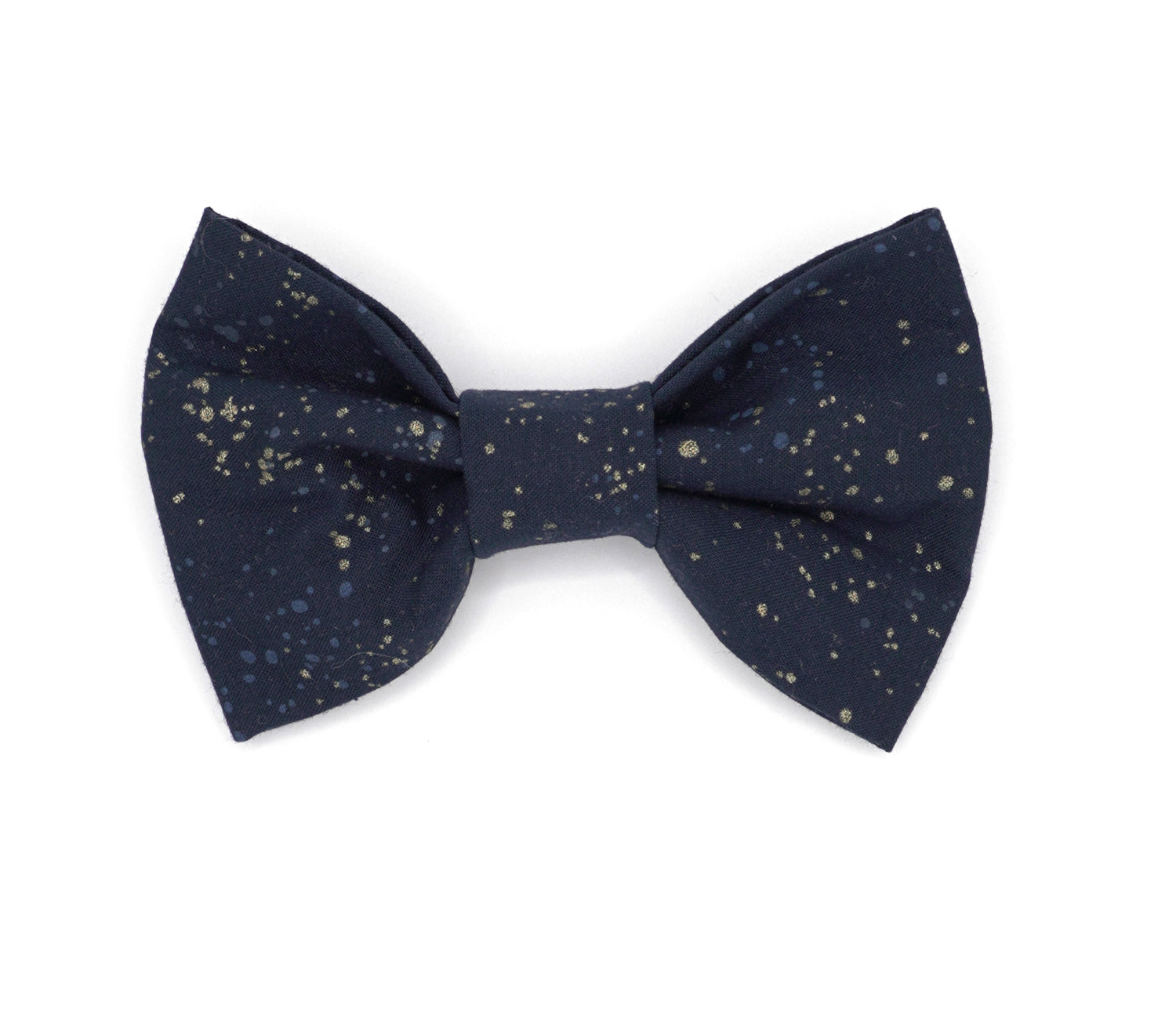 Handmade cotton bow tie for dogs (or other pets). Elastic straps on back with snaps make it easy to add to collar, harness, or leash. Navy blue background with white and yellow "splatter" dots.